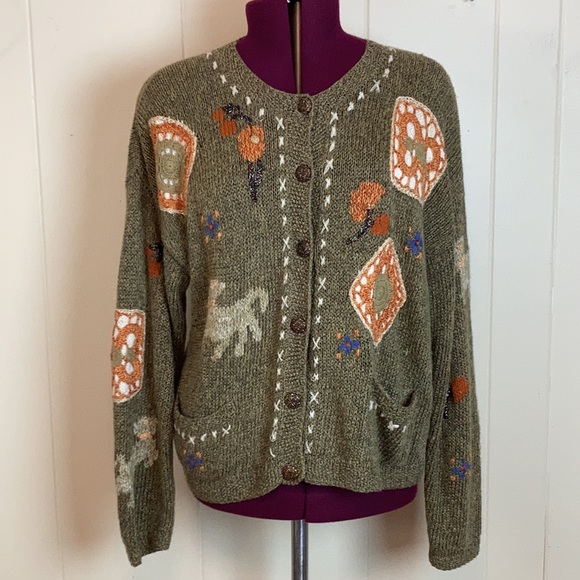 Vintage Sweaters - Vintage 80s 90s Novelty Grunge Boho Cardigan Sweater Large Fall Bohemian Hippie